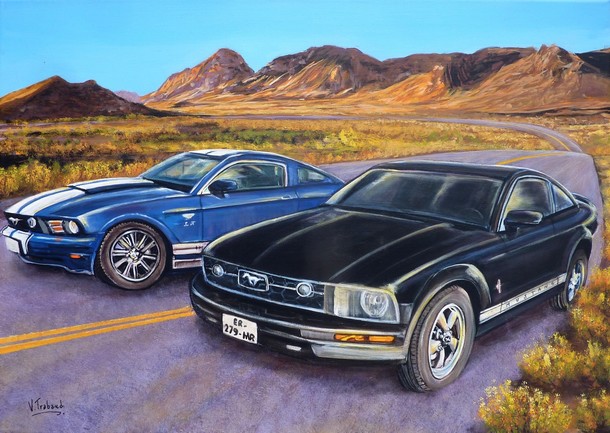 Peinture Mustang Noire et Mustang bleue sur la route 66 paysage us - acrylique virginie trabaud