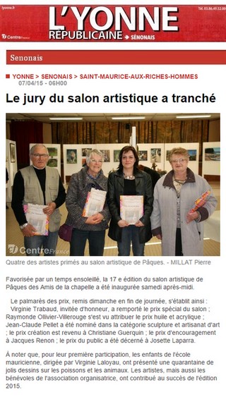 Journal l'Yonne Rpublicaine - avril 2015 - virginie Trabaud prim au salon st maurice aux riches hommes