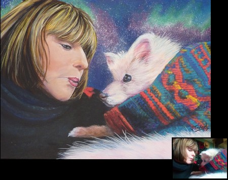Peinture Portraits Femme et sa chienne blanche dcor constellation - Virginie TRABAUD