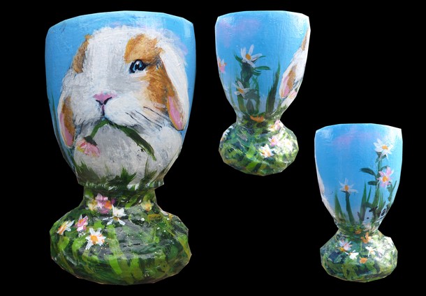 Peinture sur bois- Coquetier lapin bélier Blanc - Virginie TRABAUD