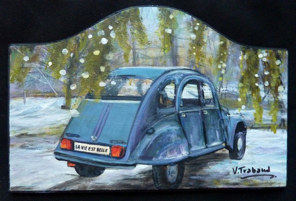 plaque en bois - 2cv grise en foret - peinture acrylique - virginie trabaud