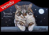 Peinture sur bois - Chat couch de nuit - plaque de porte