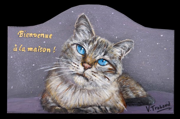 Peinture sur Plaque de porte en bois - Chat couch siamois - Virginie TRABAUD