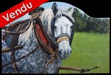 Peinture sur bois - Cheval blanc de trait - plaque de porte