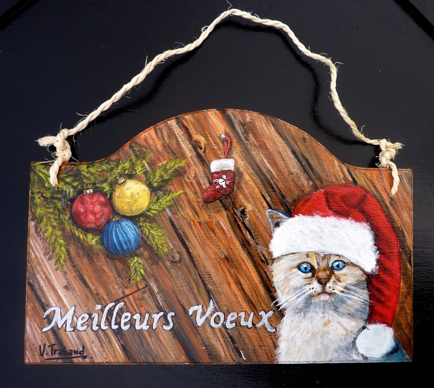 Plaque de porte - Meilleurs Voeux Chaton de noël - Virginie TRABAUD Artiste Peintre