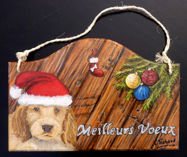 Peinture sur plaque bois - Chiot de noël meilleur voeux - copyright virginie trabaud