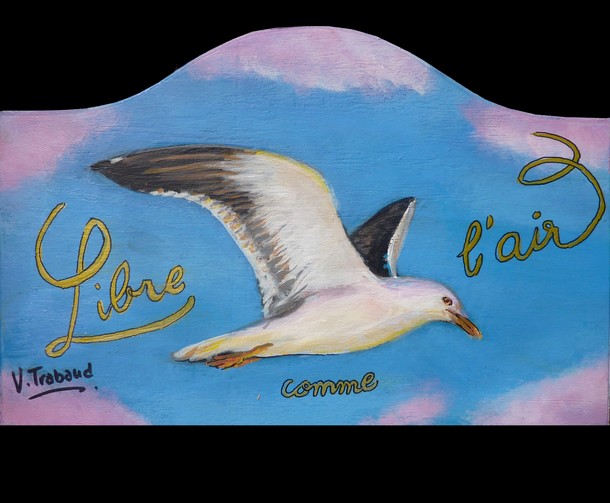Peinture sur bois plaque de porte mouette en vol - virginie Trabaud