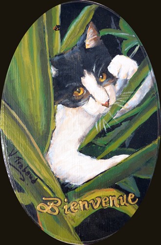 Coquetier déco Chat assis dans l'herbe - Peinture acrylique sur bois - Virginie TRABAUD