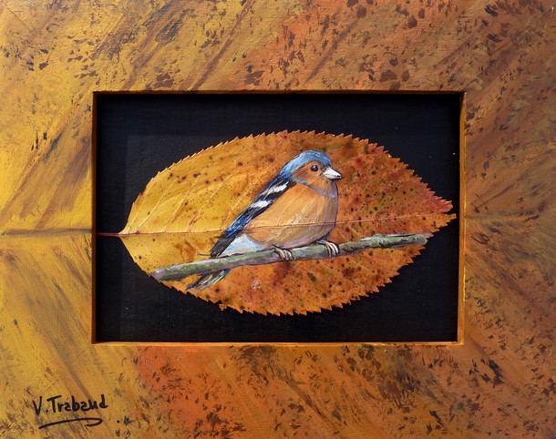 Peinture sur feuille d arbre Oiseau pinson des arbres - Cliquez sur l image pour voir la fiche dtaille