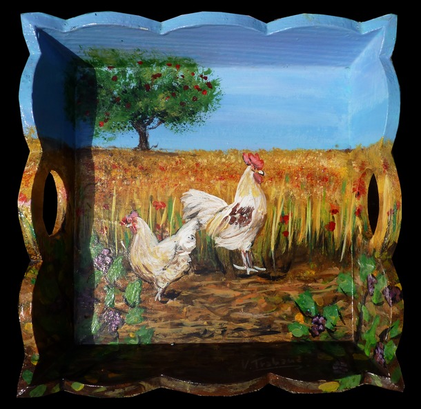 Plateau en bois - Peinture Acrylique - Poule et Coq Blanc - Virginie Trabaud