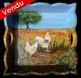 Peinture sur bois - poule et coq blanc - plateau dco