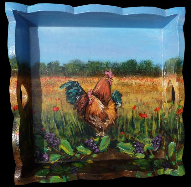 Plateau en bois - Peinture Acrylique - Poule et Coq Roux - Virginie Trabaud