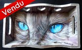Peinture sur bois - yeux de chat gris - plateau dco