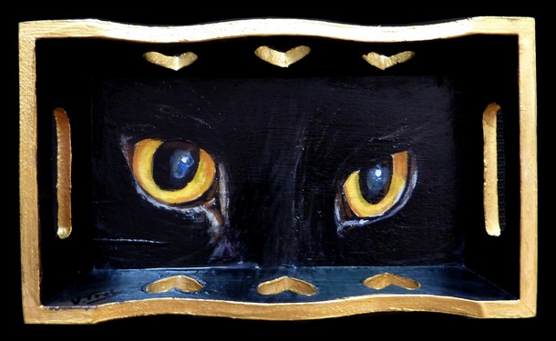 Plateau yeux bleus de chat gris - Peinture acrylique sur bois - Virginie TRABAUD