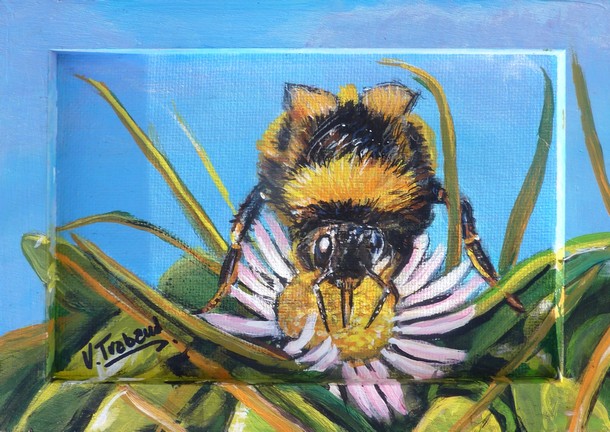 Peinture Abeille sur une fleur au printemps - acrylique sur toile miniature - Virginie TRABAUD Artiste Peintre