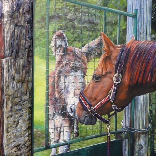 Peinture L'Ane et le Cheval Portraits - Acrylique et mortier en relief Virginie TRABAUD Artiste peintre