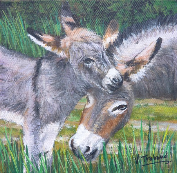 Peinture acrylique Anesse avec Anon gris moment calins - Virginie TRABAUD Artiste Peintre