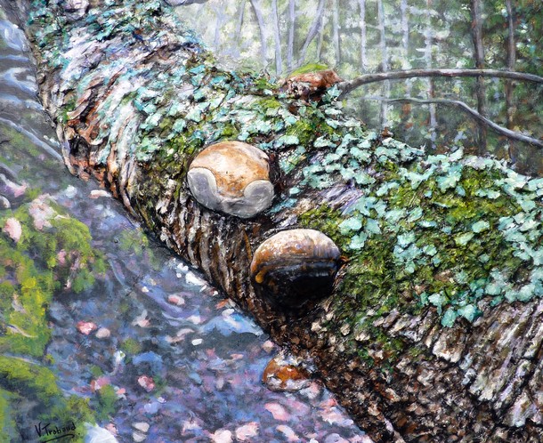 Peinture Arbre mousse et champignons fort de corse - acrylique et sculpture au mortier en relief 3D - virginie Trabaud