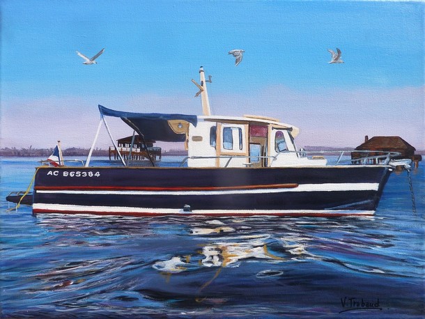 Bateau yach bleu en mer avec cabanes tchanques iles aux oiseaux - peinture acrylique Virginie TRABAUD