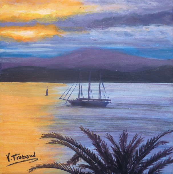 peinture voilier en mer coucher de soleil - acrylique - Cliquez sur l image pour voir la fiche dtaille et le tarif de l oeuvre