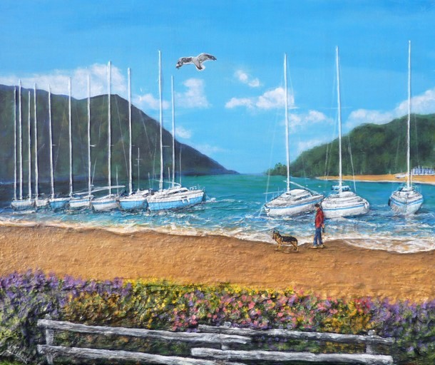 Peinture Promenade sur la plage d'Annecy bateaux et homme avec son chien - acrylique et sculpture au mortier en relief 3D - virginie Trabaud