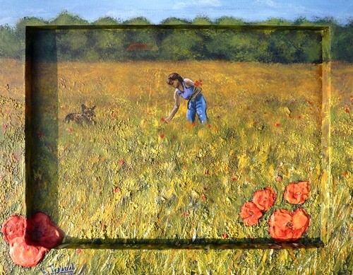 peinture coquelicots et campagne femme avec son chien - virginie trabaud artiste peintre