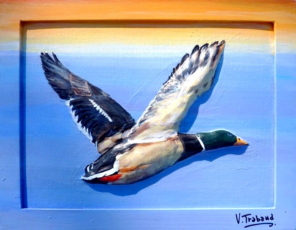 Peinture Canard Colvert en vol - acrylique et sculpture au mortier en relief 3D - virginie Trabaud