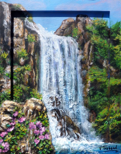 Cascade et Fleurs peinture en Relief - Cliquez sur l image pour voir la fiche dtaille et le tarif de l oeuvre