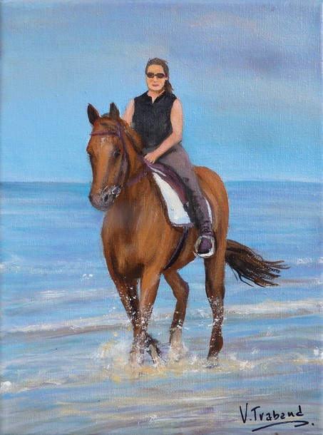 Peinture Cavalire et son cheval sur la plage - Acrylique - Virginie Trabaud Artiste Peintre