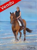peinture acrylique - cavalire et cheval au galop sur la plage - Cliquez sur l'image pour voir la fiche et l'agrandissement