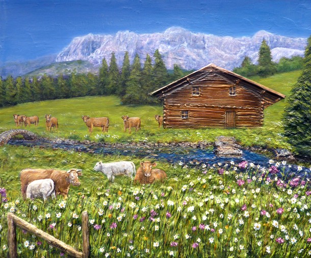 Peinture Chalet avec prairie fleurie et Vaches de savoie - acrylique et sculpture au mortier en relief 3D - virginie Trabaud