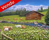 peinture Vaches et Chalet de montagne - Cliquez sur l image pour voir la fiche dtaille et le tarif de l oeuvre