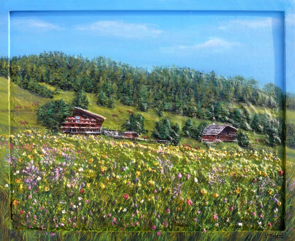 Peinture les chalets de savoie - acrylique et relief - Virginie TRABAUD Artiste Peintre