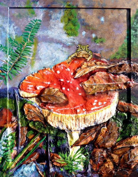 Peinture Champignon Amanite oronge des csars - acrylique et sculpture au mortier en relief 3D - virginie Trabaud