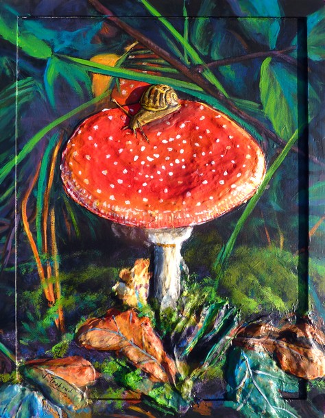 Peinture Champignon Amanite rouge tue-mouche - acrylique et sculpture au mortier en relief 3D - virginie Trabaud