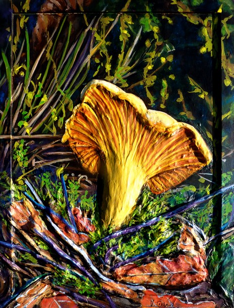 Peinture Champignon la Girolle - acrylique et sculpture au mortier en relief 3D - virginie Trabaud