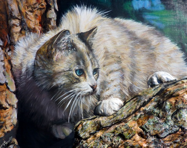 Peinture Chat dans un arbre 3D - Acrylique et mortier en relief Virginie TRABAUD Artiste peintre