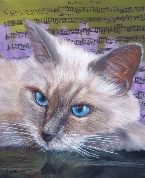 Peinture Chat Radgoll blue point Musique Partition Vivaldi - Acrylique et mortier en relief Virginie TRABAUD Artiste peintre