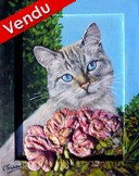 peinture en relief - Chat et fleurs granium - Cliquez sur l image pour voir la fiche dtaille et consulter le tarif de cette oeuvre