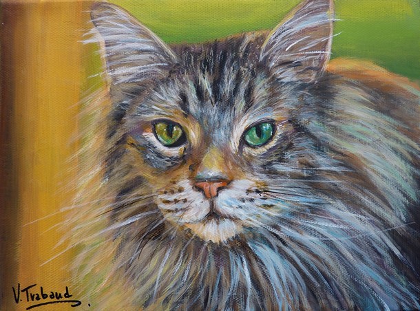 Peinture Portrait Chat Maine Coon - Acrylique toile miniature - Virginie TRABAUD Artiste Peintre