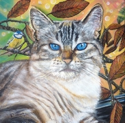 peinture Chat et m�sange en automne 3D - Cliquez sur l image pour voir la fiche d�taill�e et consulter le tarif de l oeuvre