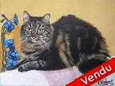 Peinture chat main coon avec orchide bleue- Virginie Trabaud Artiste Peintre