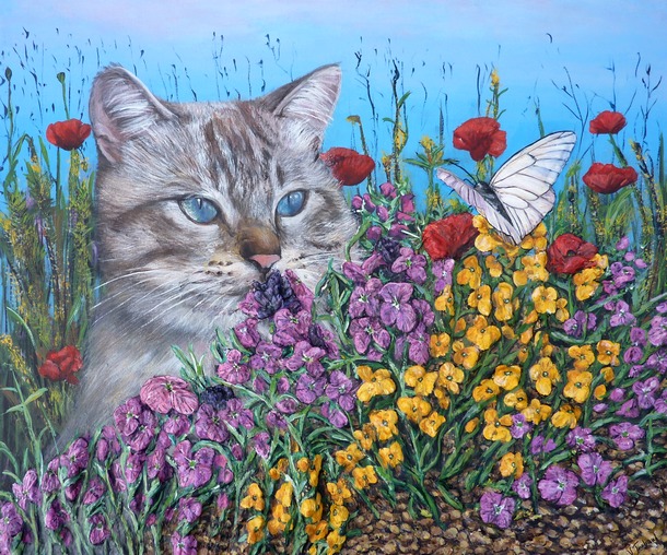 tableau de peinture Chat et Papillon blanc en relief - cliquez sur l image pour voir la fiche dtaille et consulter le tarif de l oeuvre