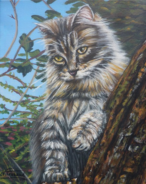 Peinture Chaton dans un arbre - reproductiona acrylique - Virginie TRABAUD