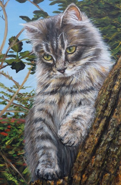 Peinture Chaton dans un arbre - acrylique et relief - Virginie TRABAUD