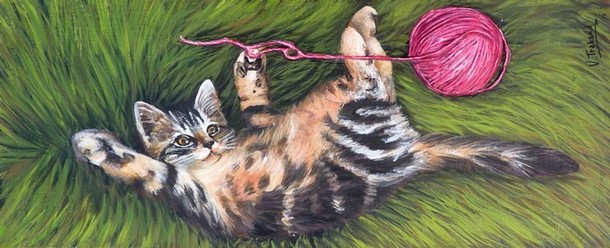 Peinture Chaton et pelote - acrylique et relief 3D- Copyright Virginie TRABAUD Artiste peintre