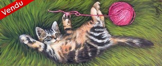 Peinture en Relief 3D - Chaton et Pelote - Virginie Trabaud Artiste Peintre