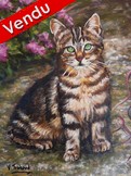 Tableau de Peinture Chaton Tigr et Fleurs - Artiste Peintre V. TRABAUD