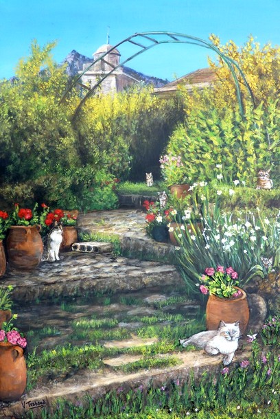 Peinture Jardin des Chats Corse Eglise de Guagno - acrylique et sculpture au mortier en relief 3D - virginie Trabaud