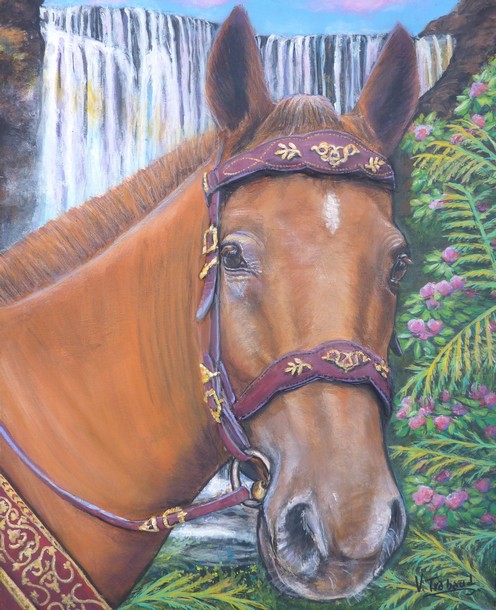 Peinture Cheval brun et Cascade- Acrylique Virginie TRABAUD Artiste Peintre